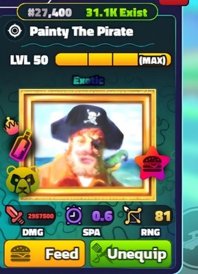 PAINTY THE PIRATE EXOTIC Lvl 50, NC, PP, SF, SpongeBob Tower Defense SBTD