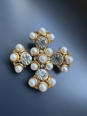 Large Vintage Maltese Cross Brooch  Faux Pearls Swarovski Crystals Gold Tone