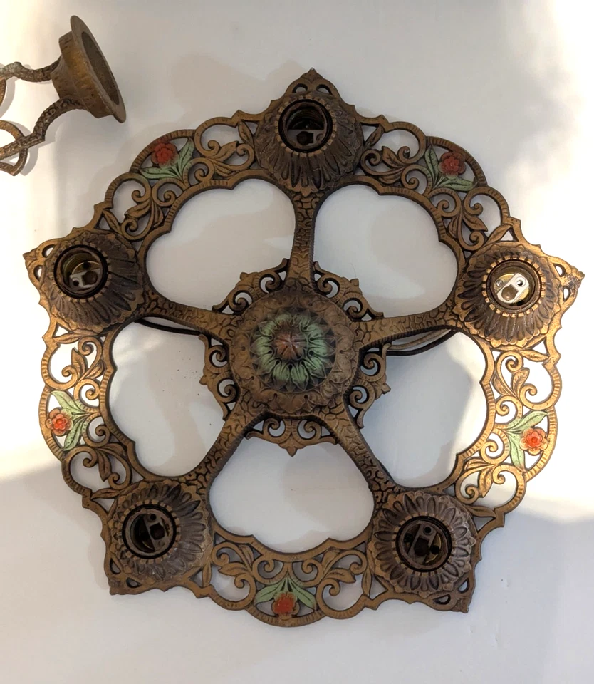 Lámpara de techo colgante JC VIRDEN de 1930 5 bombillas Art Deco araña policromada Foto 3 de 4