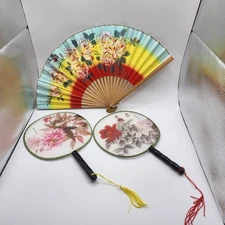 Vintage Hand And Paddle Fans Decorative Oriental Floral Designs Lot Of 3