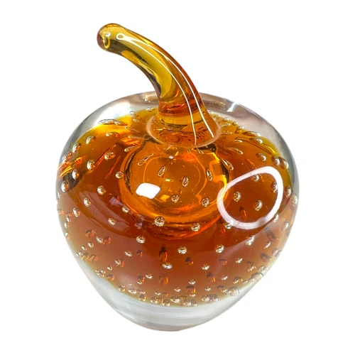 Murano Style Amber Art Glass Apple Paperweight Controlled Bubble Bullicante