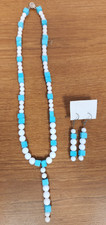 Earrings  Necklace Set White  Turquoise Blue Beads