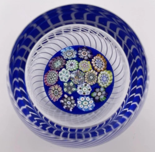 Peter McDougall Blue  Complex Millefiori/White Latticino Swirl Paperweight