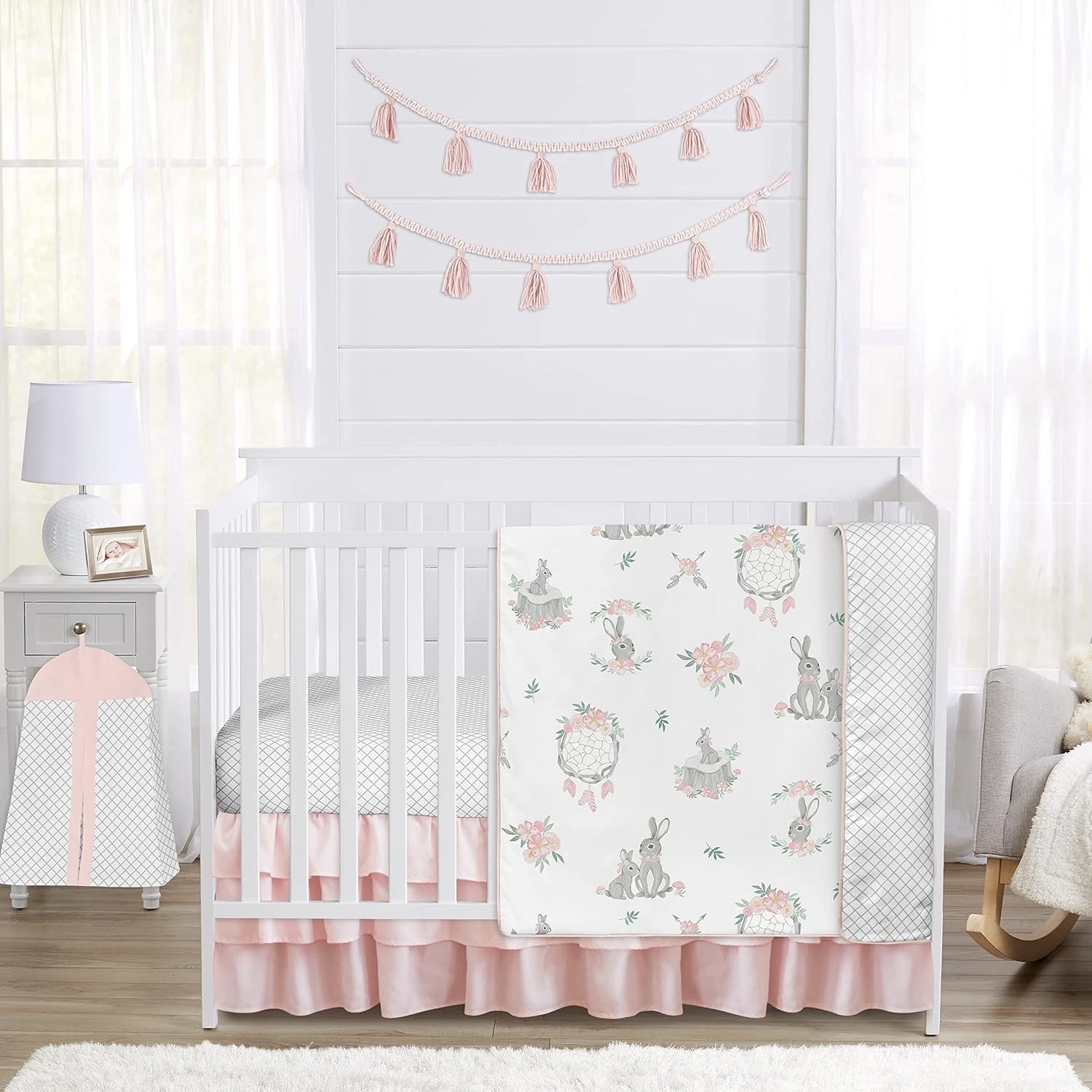 4-Piece Baby Crib Bedding Set Woodland Bunny Floral Girls Infants/Nursery incl.