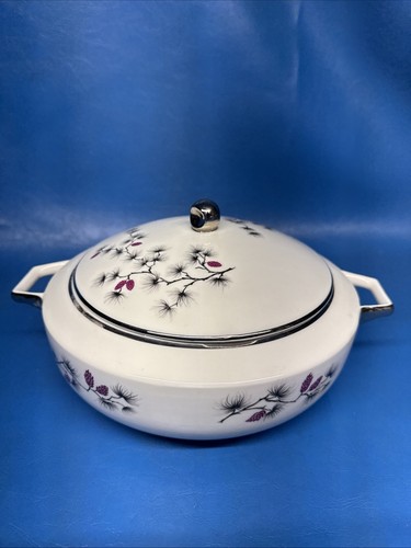 Arcadian Fine China SOUTHERN PINES Covered Vegetable Bowl Gray Pink Pine Cones - Picture 1 of 13