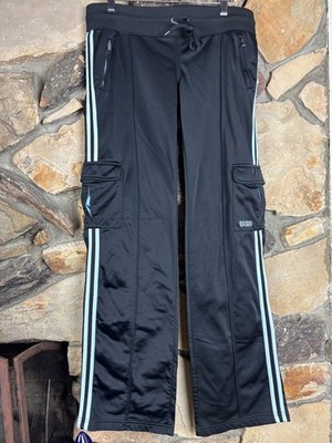 Bebe Sport Y2K 2000s Black Light Blue Track Pants Size Large Vintage Striped