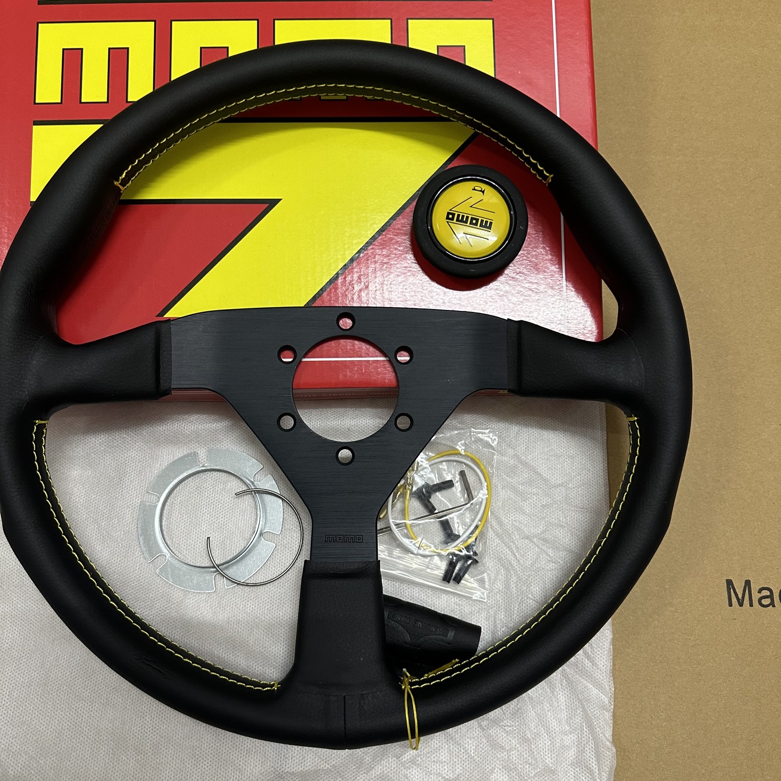MOMO MonteCarlo Racing 14inch 350mm Leather Sport Steering Wheel Yellow Button