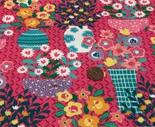 Flowers*Colorful Vases * on Pink * Michael Miller * 100% Cotton Remnant*8" x 22"
