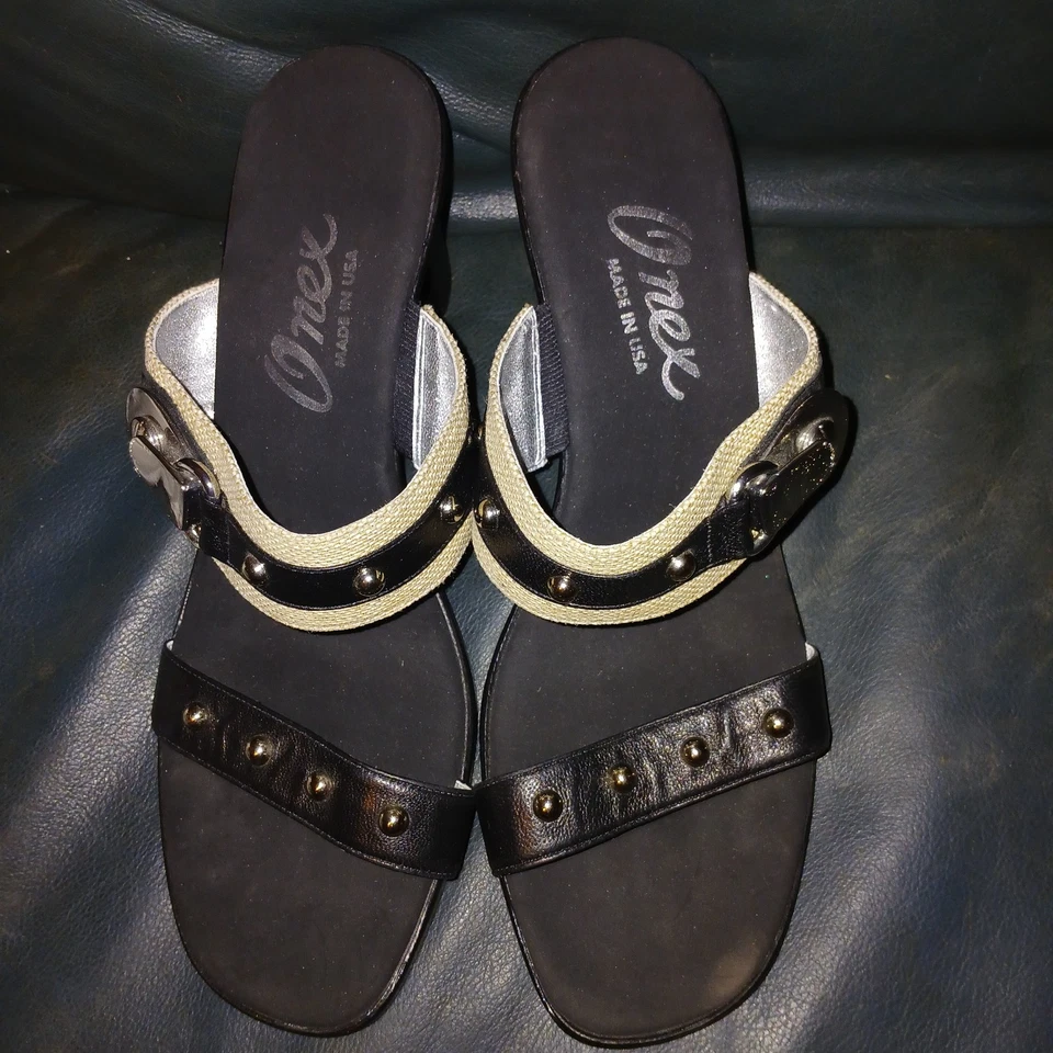 Onex 凉鞋女式 11 黑色皮革/米色楔形鞋跟银色扣带鞋 Y2K 一脚蹬 — 第 3/4 张图片