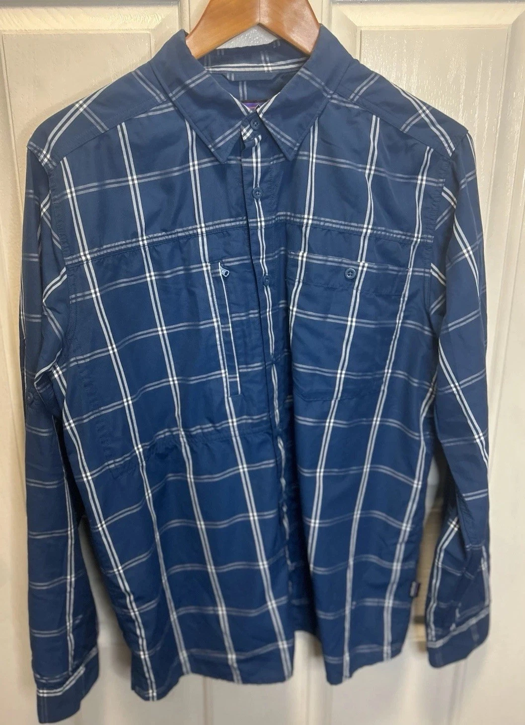 Patagonia Sol Patrol Shirt Mens Medium L/S Blue Plaid Fishing Hiking Outdoor UPF