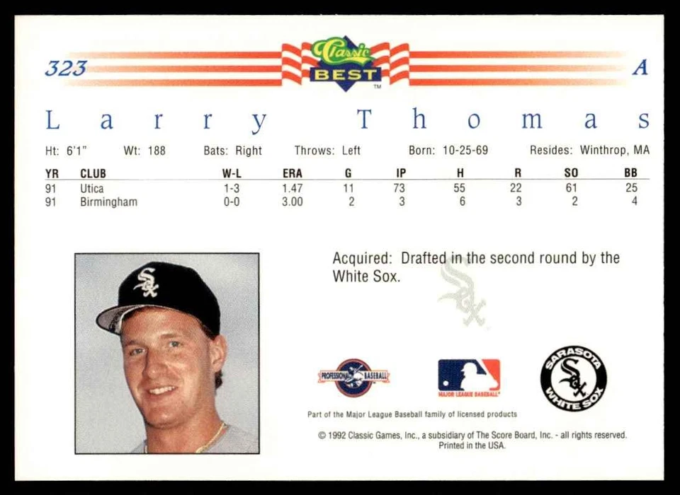 1992 Classic/Best Larry Thomas Chicago White Sox #323 17499 - Image 2 of 2