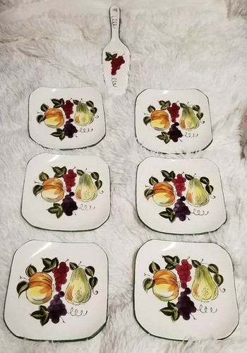 Quadratische Dessert/Tortenteller 6er Set Gebäck/Tortenheber Keramik handbemalt - Bild 1 von 5