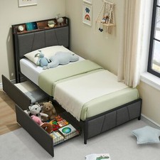 Twin Size Bed Frame Adjustable Upholstered Headboard 2 Storage Drawers Platform
