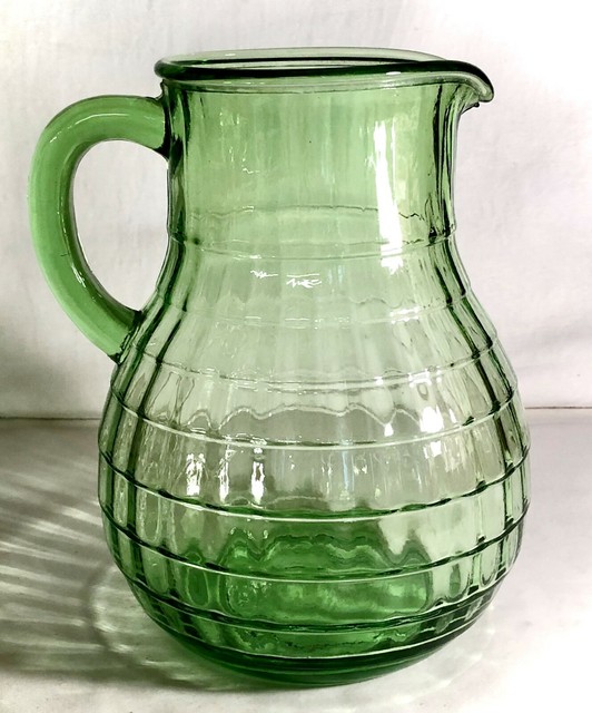 Block Optic Green Depression Pitcher 7 5/8" 54 oz. Bulbous Art Deco