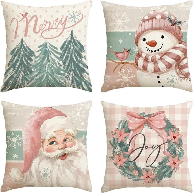 2 Счастливого Рождества наволочка 4 шт наборы потертый шик и клетку гномы 18 X 18" - Изображение 2 из 4
