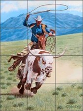 Tile Mural Backsplash Ceramic Delby Cowboy Steer Western Art RDA015