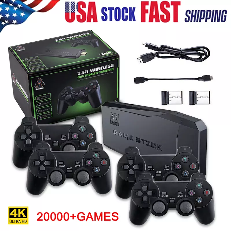 HDMI 4K TV Game Stick Console Built-in 64GB 20000+Retro Games+2 Wireless  Gamepad