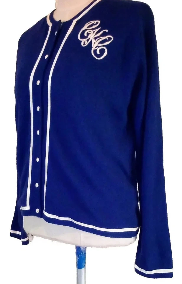 VTG 60s Hong Kong Lambswool Monogram White Satin Trim Light Cardigan Sweater M - Image 3 of 4