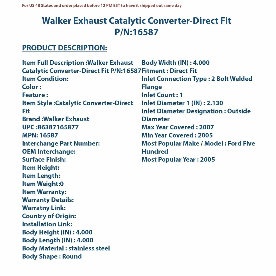 Convertidor catalítico de escape Walker - ajuste directo 16587 Foto 4 de 4