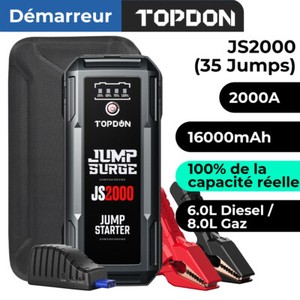 TOPDON JS2000 Démarreur de Saut de Voiture 12V 2000A Powerbank Booster sûr 6L&8L