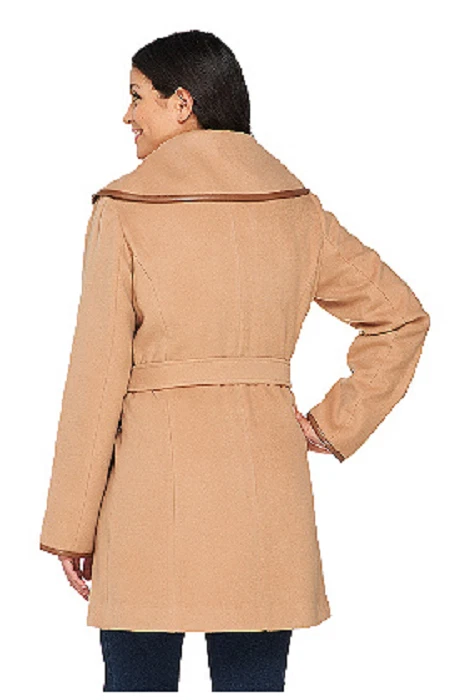 Dennis Basso Faux Wool Trench w/ Faux Leather Detail, Camel ,Size XXS, MSRP $170 - Изображение 2 из 4