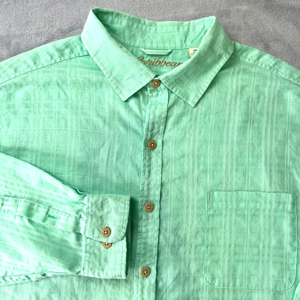 Camisa Hawaiana Caribeña Mezcla de Lino Para Hombres Rayas Verde Brillante Botón Talla 2XB Foto 3 de 4