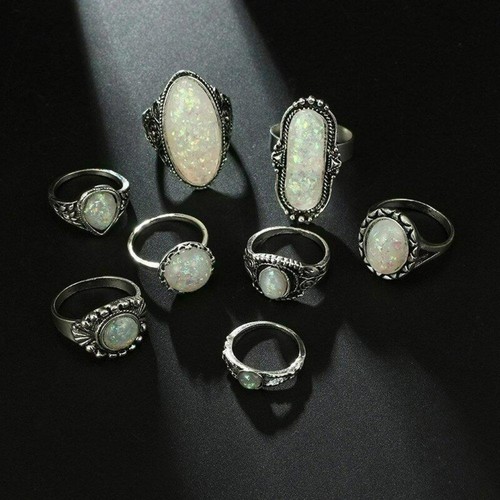 8pcs Vintage White Opal Antique Silver Ring Set - Picture 5 of 10