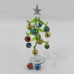 Ganz 10.5" Green Glass Christmas Tree W/ Mirror Base Multi Color Glass Ornaments