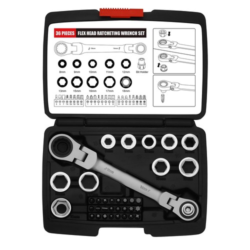 36PCS Flex Head Ratcheting Wrench Set, 72 Tooth Double Box End Wrench 8mm -19...