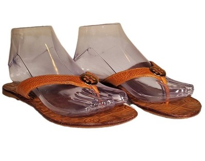 TORY BURCH Thora Caramel Brown Leather Gold Logo Flip Flop Sandals Women's US 6