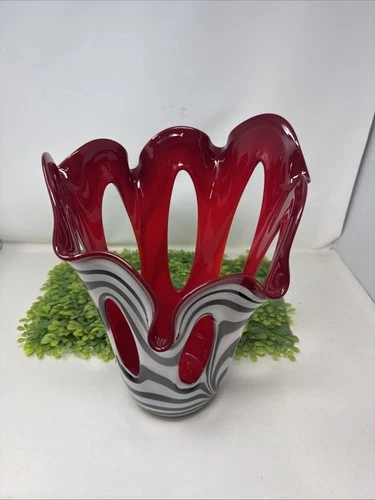 Krosno Black White Zebra Stripe Art Glass Vase Red Cased Inside 13.5"