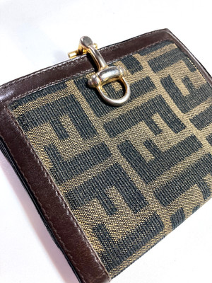 FENDI VINTAGE HORSE BIT BUCKLE ZUCCA FF CANVAS LEATHER WALLET BIFOLD ITALY BROWN