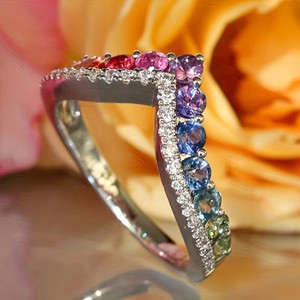 Authentic 2.10Ct Round Cut Lab Created Multicolor Curved Band 14K White Gold Plated Silver