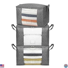 Foldable Large Zipper Storage Bags with Clear Window & Handles, 3-Pack, Gray