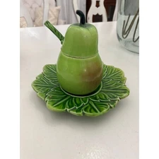 Vintage Majolica Lidded serving dish with lid , plate spoon Pear retro kitchen