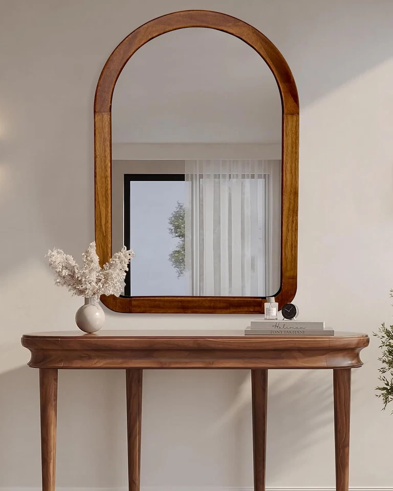 Arched Mirror 24 X 36 Inch,Brown Wood Rustic Bathroom Tempered Wall Mirror with  - Image 3 of 4