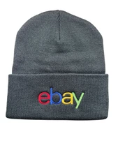 Ebay Branded Embroidered Black Knit Beanie Hat Folded Toboggan Acrylic NEW