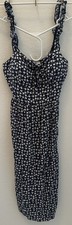 AUW Women’s Floral Midi Dress Size L Navy Smocked Ruffle Strap Cottagecore