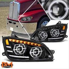 For 08-17 Kenworth T660 LED Sequential Chasing Signal Projector Headlights Black
