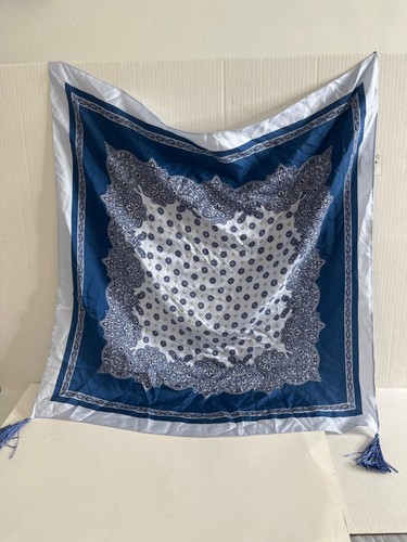 J. Crew 100% SIlk Square Scarf Blue Geometric Pattern Tassels NWT 25" x 25"