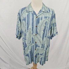 Tommy Bahama Silk & Tencel Hawaiian Shirt Tropical Leaves Blue Green XL EUC