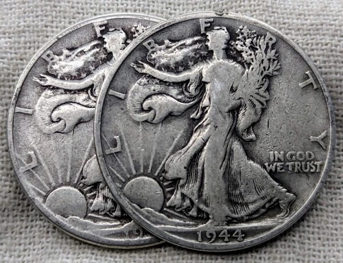 Lot of 2 1944 Walking Liberty Half Dollars : 1944 P 1944 D -.9 Fine Silver Coins