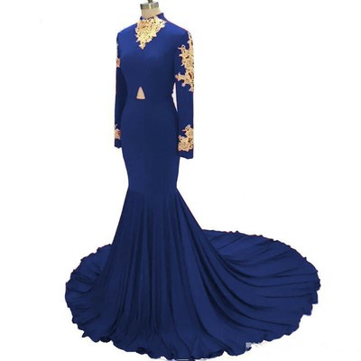 blue and gold long sleeve prom dress