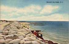 Postcard Seawall Sea Bright New Jersey Linen Unposted