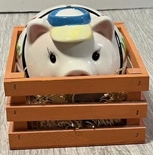 Ceramic Vacation Fund Piggy Bank in Pen White w/ Pink Green Blue Yellow