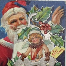 Santa Claus Smoking Pipe Bell Angel Antique Sales Sample Christmas Postcard Rare