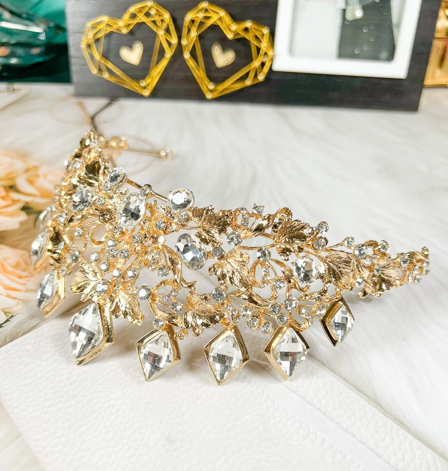 Tiara de oro diamante, tiara de boda de cristal, tiara de princesa, tocado de novia regalo Foto 3 de 4