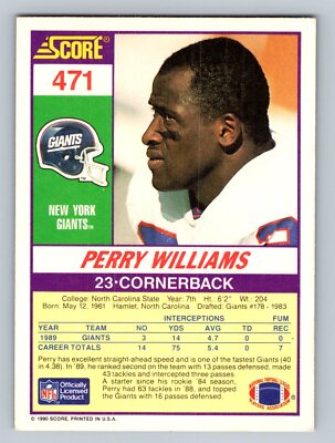 1990 Score #471 Perry Williams New York Giants | eBay