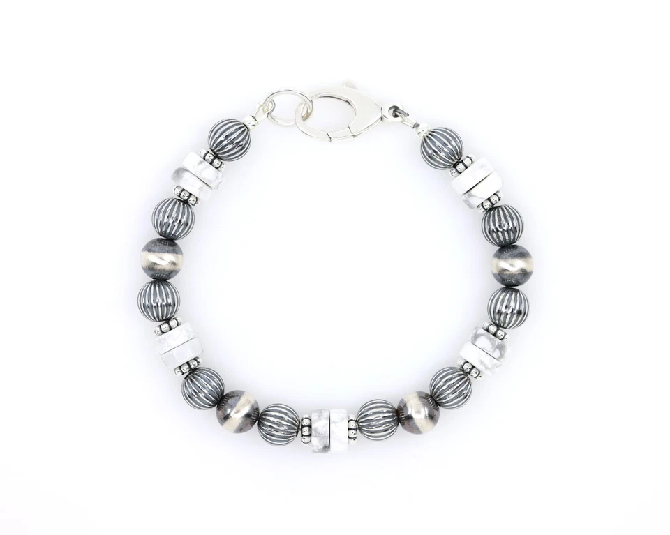 White Buffalo Howlite Heishi Bracelet, Southwestern Style, Sterling Silver, 8mm - Image 2 of 4