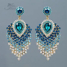 Women Gold Plated Aqua Blue Crystal Peacock Feathers Drop Dangle Earrings 04677